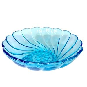 Vintage Blue Glass Swirl Design Bowl Kitchen Serveware Retro Dining Decor Gift